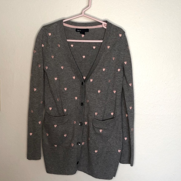 Gap Kids grey with pink hearts cardigan sz small - Picture 1 of 3